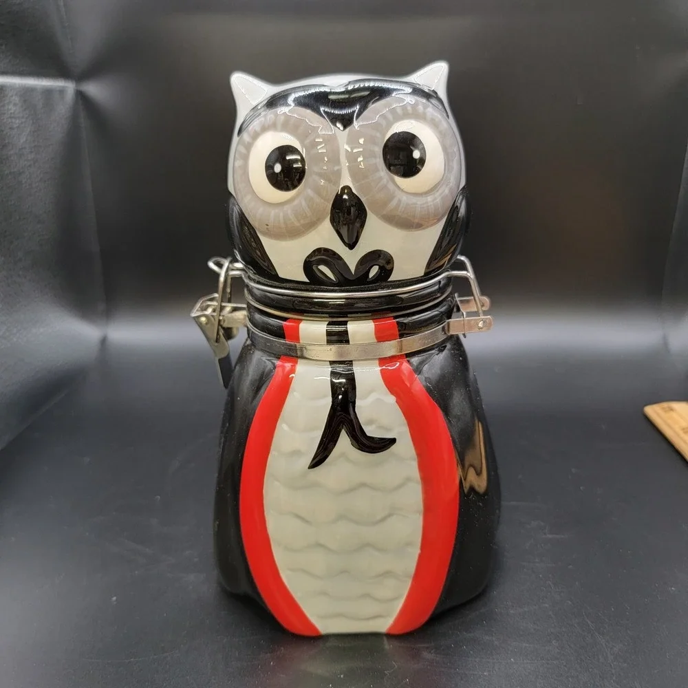 Owl Vampire Canister Ceramic Halloween Fall Hinged Storage Jar Red Gray Black